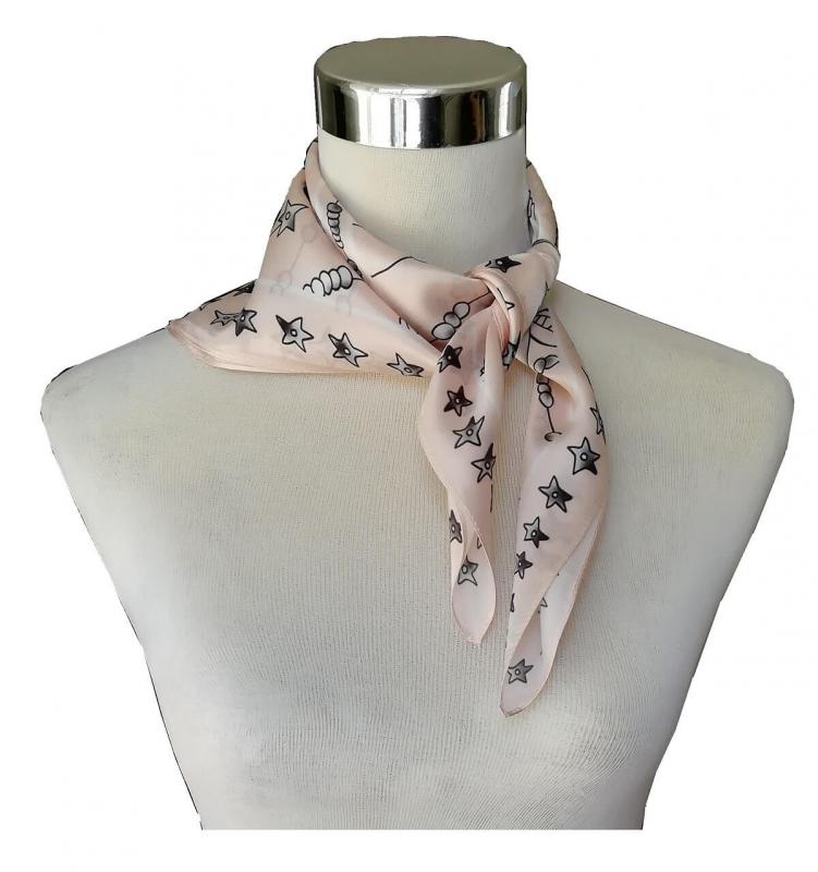 Foulard Shawl Silk Satin Stars Beige Pink Grey